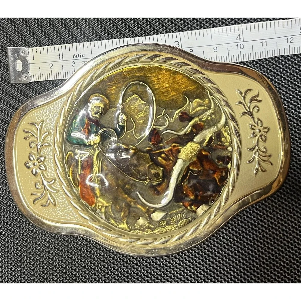MBCI Belt Buckle Mens Gold Tone Western‎ Cowboy Rodeo Roping Longhorn Enamel